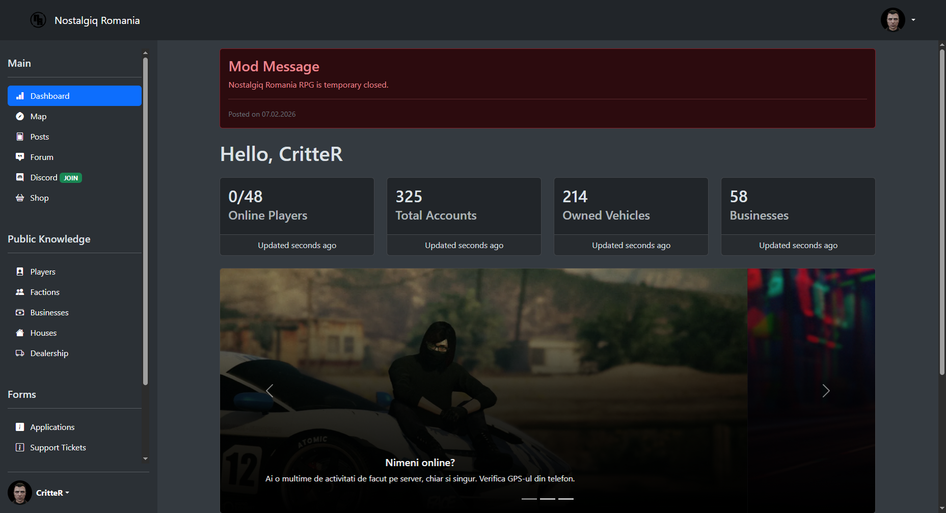 Dashboard page for the Nostalgiq Romania RPG FiveM server control panel