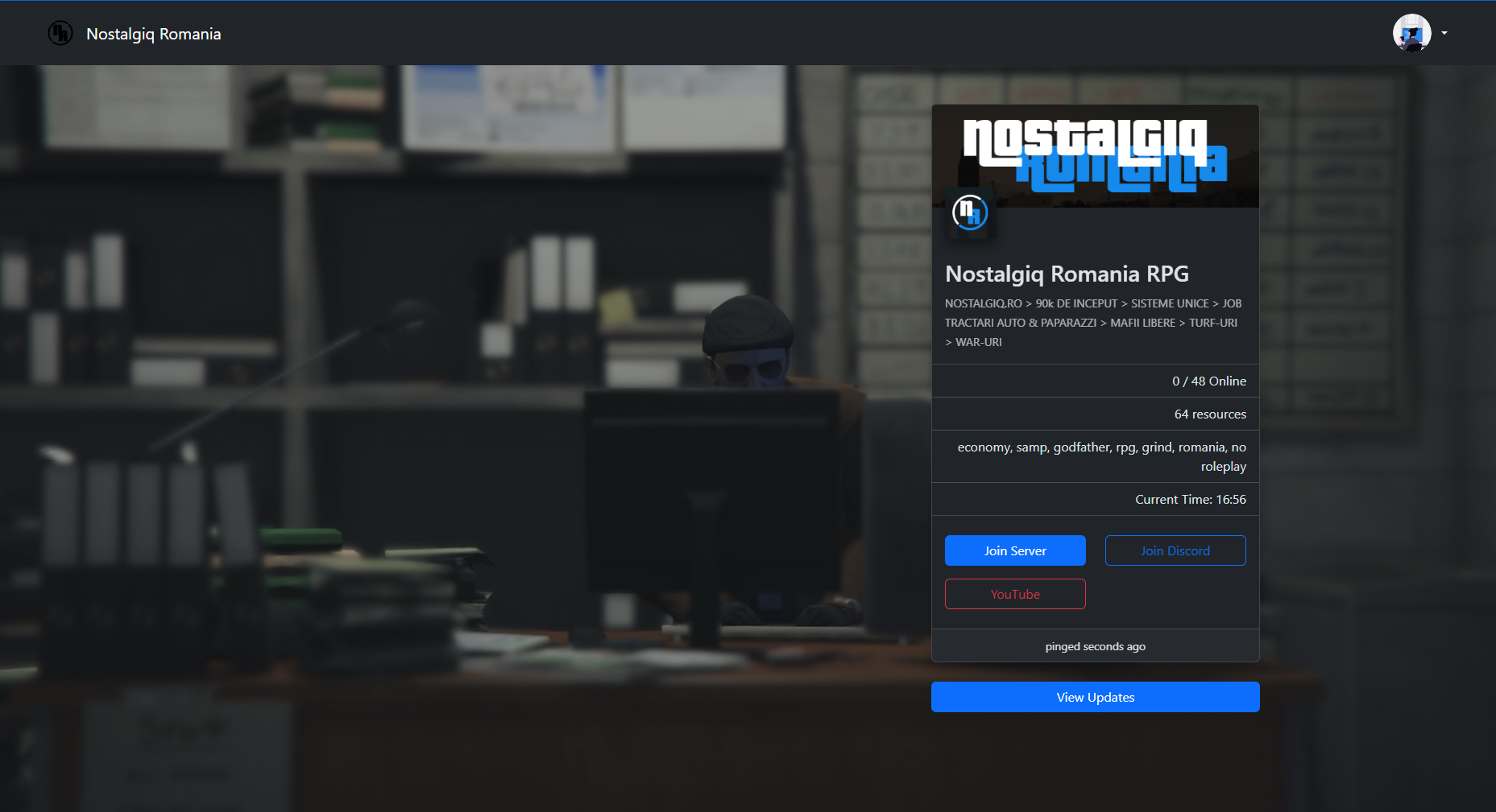 Homepage for the Nostalgiq Romania RPG FiveM server control panel.