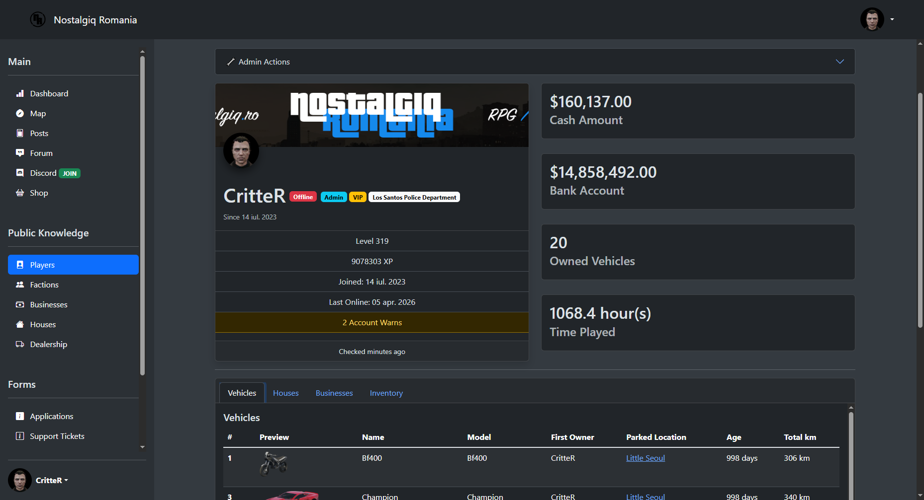 Player profile page on the Nostalgiq Romania RPG FiveM control panel.