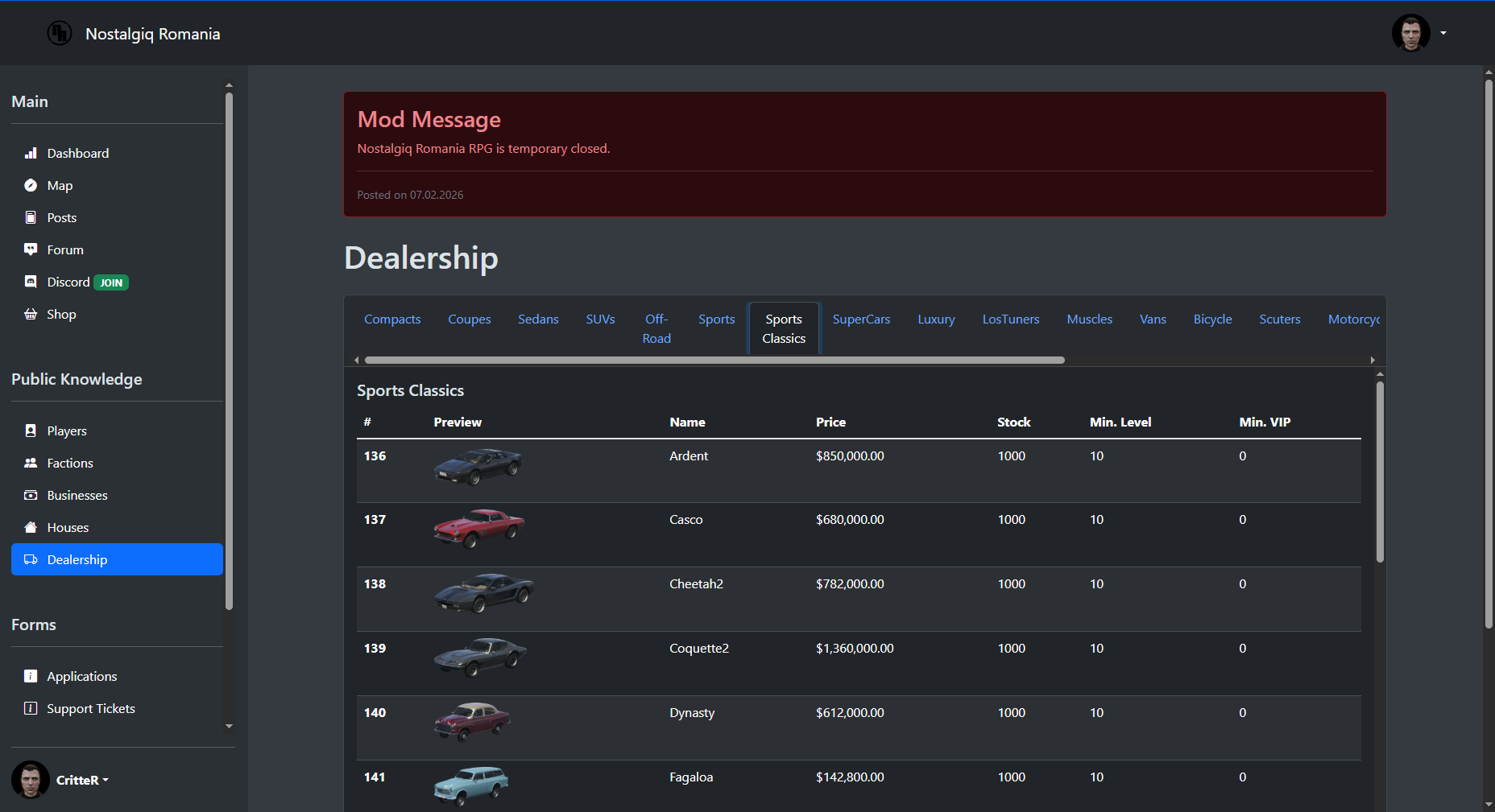 List of vehicles available for purchase, shown on the Nostalgiq Romania RPG FiveM server control panel.