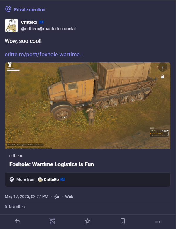 Screenshot of a Mastodon post, which shows my article's OpenGraph card, and the fediverse mention.